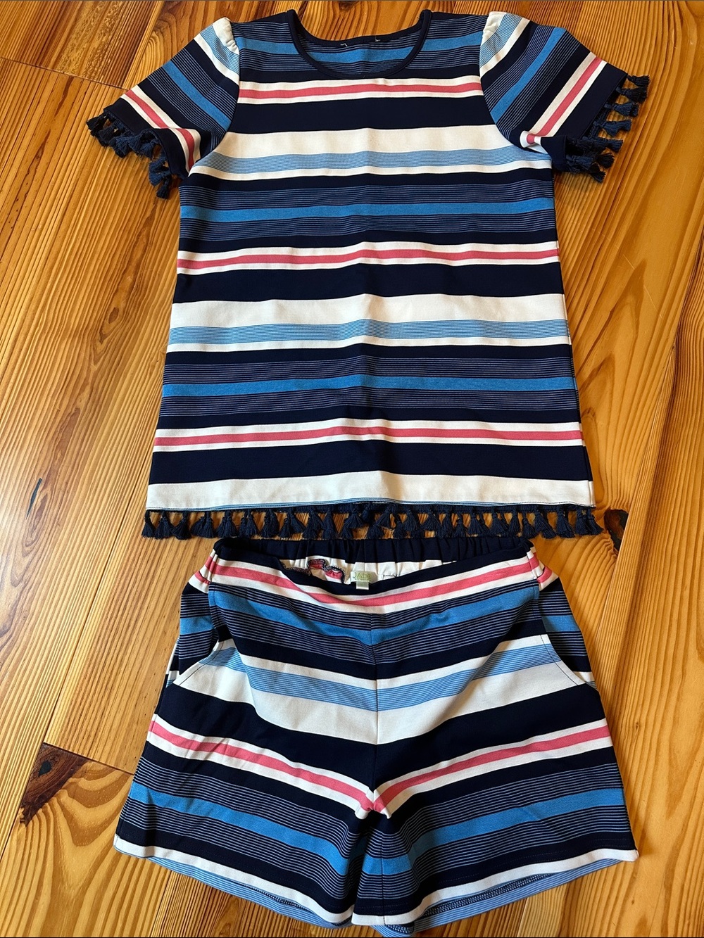 JADE Striped Tassel Two-Piece Set in Navy, Light Blue, White & Pink